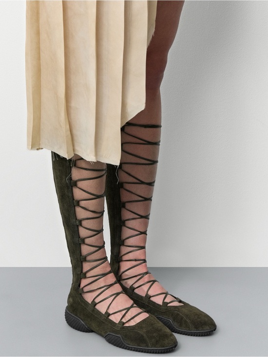 Miista Shoes - Miista Lace-Up Knee High Suede Sneaker Flats in Olive Green